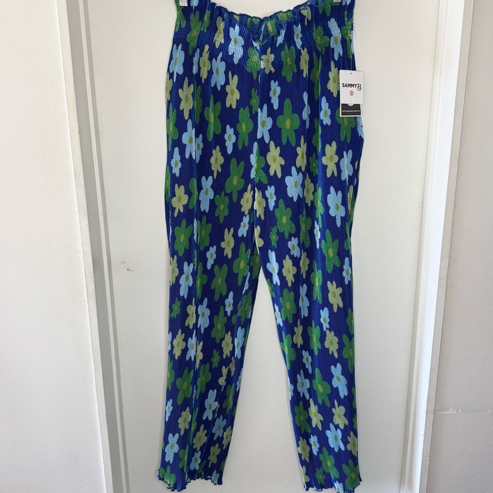 Sammy B Navy Floral Wide Leg Pants with Green & Light Blue Flowers
